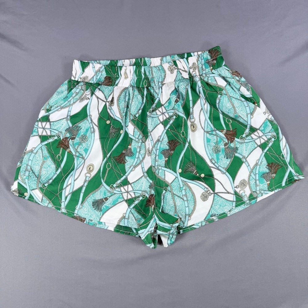 VICI Womens Large Green White‎ Polyester Scarf Print Elastic Waist Pocket Shorts